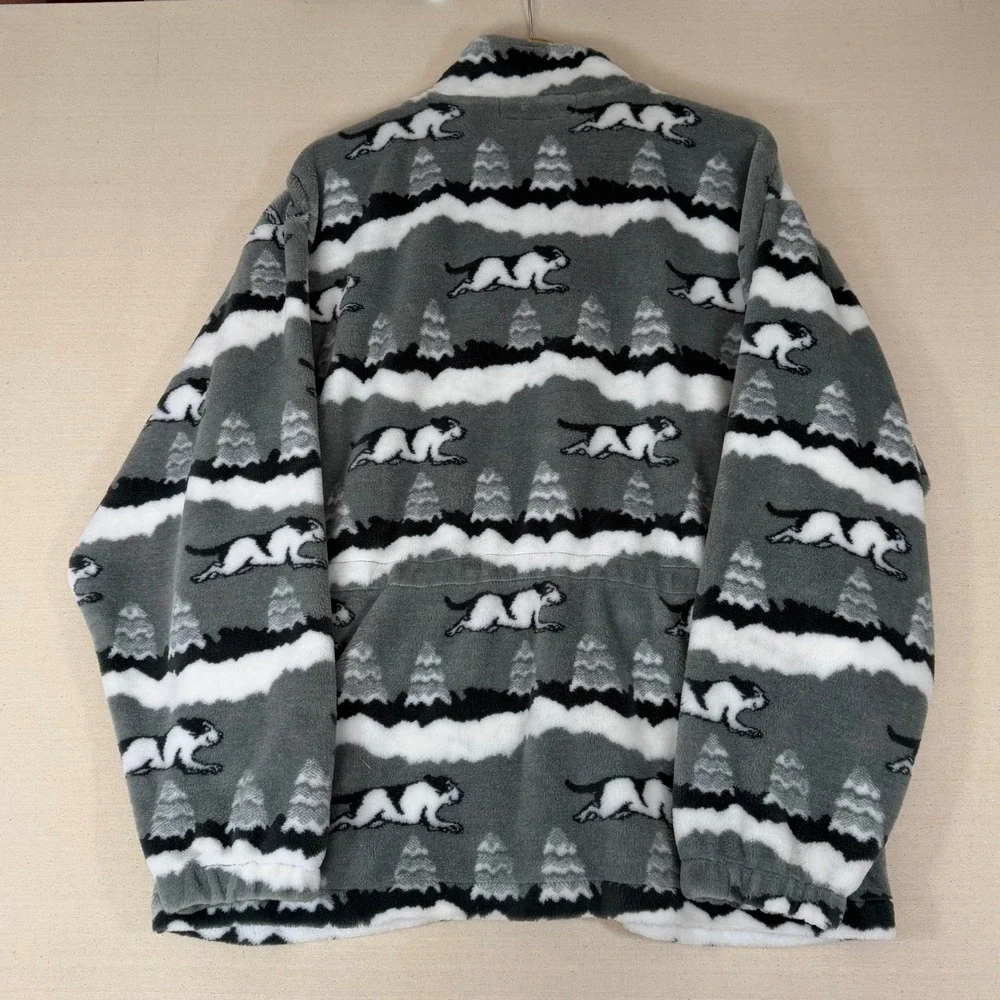 Big Dogs Fleece Jacket Mens Medium Gray All Over Print Full Zip Running Dog Tree